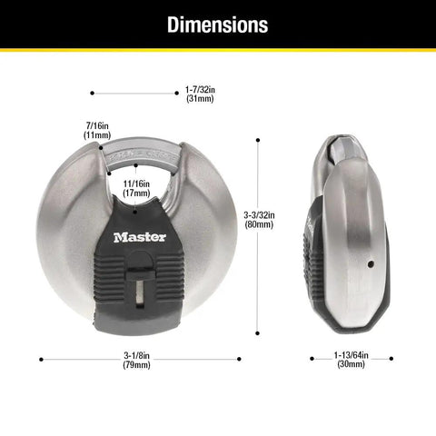 Beefed Up Stainless Steel Discus Lock With Tough Cut Boron Carbide Shackle dimensions and front and side view
