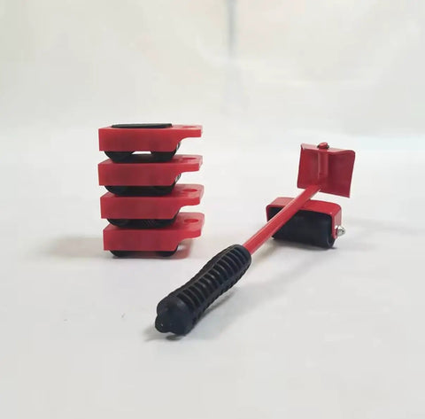 Heavy Duty Furniture Mover Kit With Lifter Tool And 360 Degree Roller Sliders, four red sliders and lifter tool.