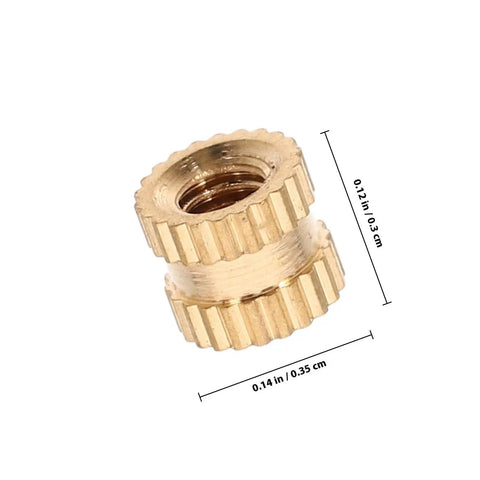Sixty Piece Heavy Duty Copper Thread Inserts With Knurled Nuts To Keep Pcb Boards And Electronic Panels Rock Solid Reliable knurled brass insert shown at 0.14 in size.