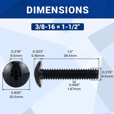 Tough As Nails Heavy Duty 3/8-16 X 1-1/2 Phillips Truss Head Machine Screw dimensions 3/8-16 UNC thread length 1.5 inches.