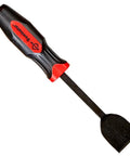 Dominator Straight Scrapers 4 Piece Set For Heavy Duty Gasket Removal Paint Rust Carbon Buildup And Tile Scraping With Sharp Resharpenable Blades And Cap End For Safe Striking, shown is one scraper with ergonomic handle and cap end.