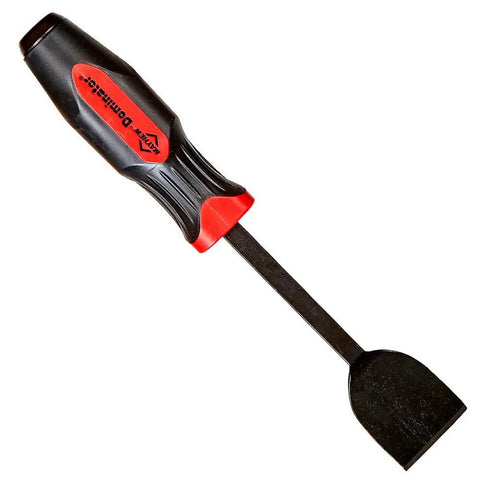 Dominator Straight Scrapers 4 Piece Set For Heavy Duty Gasket Removal Paint Rust Carbon Buildup And Tile Scraping With Sharp Resharpenable Blades And Cap End For Safe Striking, shown is one scraper with ergonomic handle and cap end.