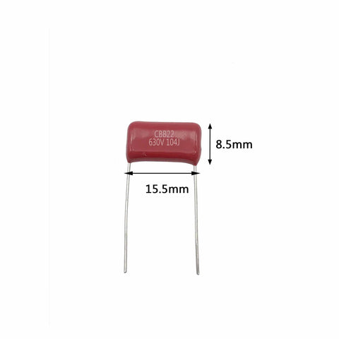 Metallized Polypropylene Film Capacitors Kit, 20 Pieces, CBB22 Style, 630V, 0.1uF 104J, P15 Case, Red Housing, dimension view