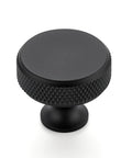 Round Matte Black Knobs And Knurled Single Hole Pulls, side view of solid metal cabinet knob with durable finish