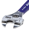Close-up of a 4-inch adjustable wrench with slimmer 40% jaws, forged construction and high polish chrome finish, blue handle.