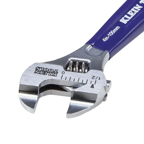 Close-up of a 4-inch adjustable wrench with slimmer 40% jaws, forged construction and high polish chrome finish, blue handle.