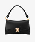 GeoGeoDIY black leather handbag, front view with gold-tone turn-lock clasp and ring hardware, top-handle