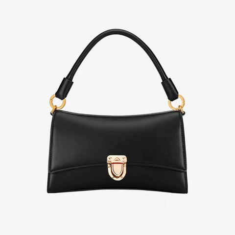 GeoGeoDIY black leather handbag, front view with gold-tone turn-lock clasp and ring hardware, top-handle