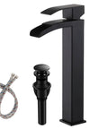Dope Sleek Black Vessel Sink Faucet With Waterfall Spout And Single Handle, tall vanity faucet with pop up drain and hoses included.