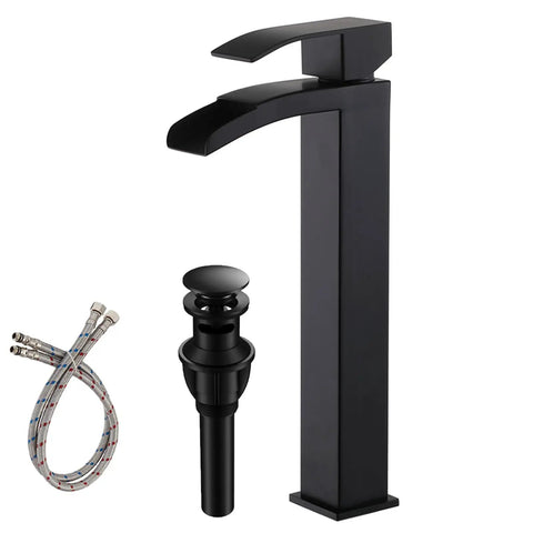Dope Sleek Black Vessel Sink Faucet With Waterfall Spout And Single Handle, tall vanity faucet with pop up drain and hoses included.