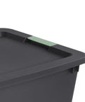 Hella Tough 12 Pack 45 Gallon Wheeled Latch Totes With Smooth Rolling Wheels And Secure Snap Caps For Zero Hassle Home Organization Heavy Duty Stackable Plastic Storage Bins top view with green latch detail.