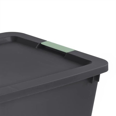 Hella Tough 12 Pack 45 Gallon Wheeled Latch Totes With Smooth Rolling Wheels And Secure Snap Caps For Zero Hassle Home Organization Heavy Duty Stackable Plastic Storage Bins top view with green latch detail.