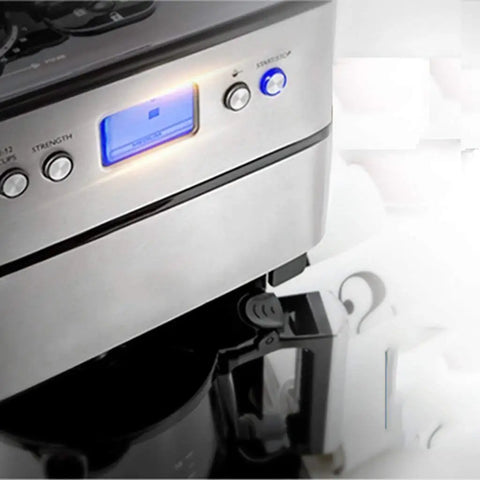 Fully Automatic Coffee Machine For Home Or Commercial Use Built Tough With Food Grade Stainless Steel Dual Purpose Drip Espresso Maker control panel close-up.