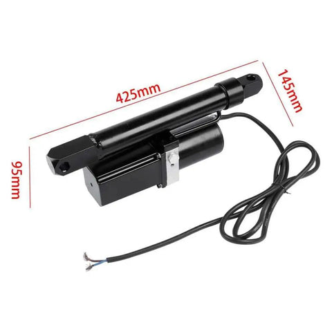 Heavy Duty 12VDC Hydraulic Linear Actuator Rock Solid 8 Inch Stroke 1700 Lb Capacity showing black motor and stroke length with wiring.
