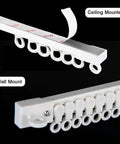 Self Adhesive Curtain Track System No Drill Damage Free Hanger Ceiling Or Wall Mount with hooks, shown ceiling and wall mounted