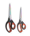 Two Pack Titanium Fabric Scissors Heavy Duty Tailor Shears, Ultra Sharp Rust Resistant Steel, Cuts Sixteen Layers Like Butter, All Purpose Sewing Scissors for Quilting Alterations Crafting and DIY Projects. Two black and orange sewing scissors