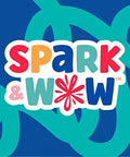 Logo for a children's brand, "Spark & Wow," in colorful letters on a blue background.