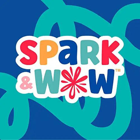 Logo for a children's brand, "Spark & Wow," in colorful letters on a blue background.