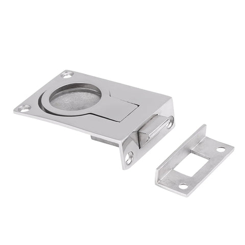 Stainless steel ring-handle flush hatch latch with strike plate; 316 marine-grade, mirror-polished for boats.