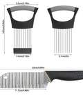 Front view of YuCool stainless steel onion slicer set with 2 onion holders and a 22 cm crinkle cutter knife.