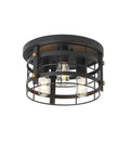 Industrial 3 Light Rustic Semi Flush Mount Ceiling Light With Metal Cage Seed Glass Shade, Black Farmhouse Chandelier