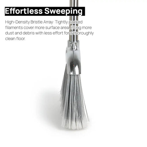 Heavy Duty Angle Broom Featuring Rigid Bristles And An Extended Handle That Smashes Through Stubborn Dirt And Leaves On Patios Garages And Commercial Floors Like Butter, close-up of bristle head.