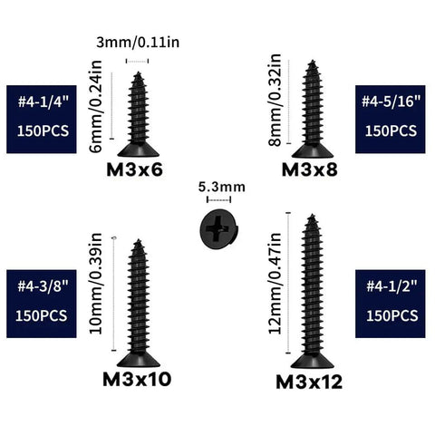 600 Piece Small Wood Screws Kit Self Tapping Phillips Drive M3 And Size Four 6 8 10 12mm Black Carbon Steel Short Cabinet And Tiny Screws For Electronics DIY Micro Woodworking, M3x6-12 sizes shown