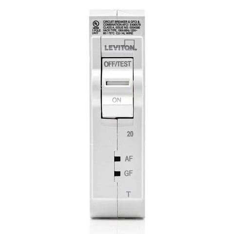 Front view of 20A 1 Pole Plug On AFCI GFCI Breaker Thermal Magnetic 120V White For Safe Load Center Wiring With Ground Fault Protection