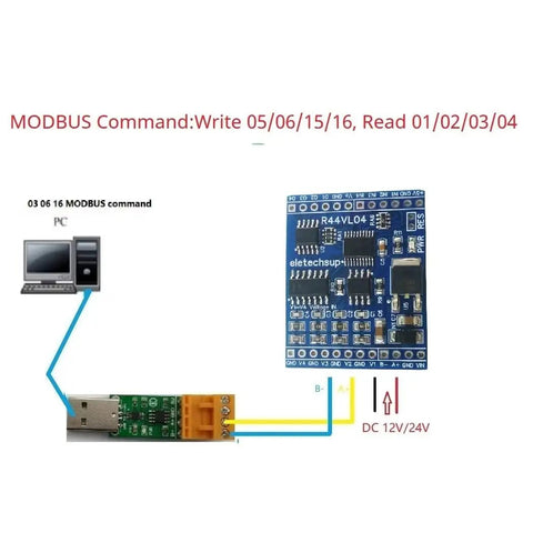 Diagram of 12 Channel Mixed IO Module for PLC Control With 4 Analog Inputs, 4 Digital Inputs, 4 Digital Outputs, RS485 Modbus RTU.