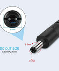 DC female barrel connector size diagram with 5.5mm and 2.1mm measurements for 12V 2A LED Power Supply 24W AC To DC Adapter