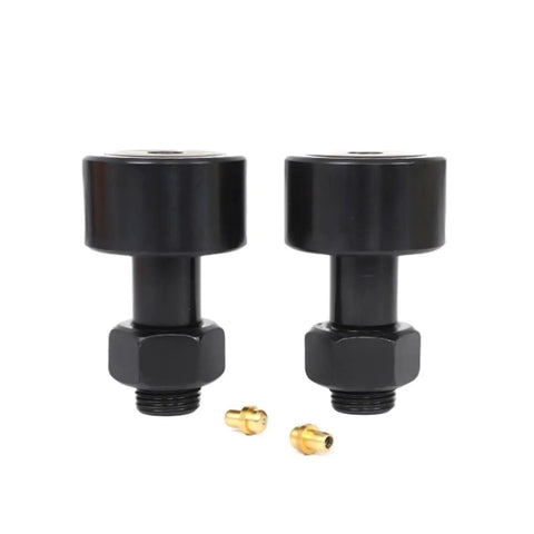 CR36R Black Spherical Follower Bolt Roller Bearing Built Tough As Nails For Rock Solid Needle Cam Assembly On Heavy Duty Trucks And Industrial Equipment, close-up view showing two bearings and fittings.