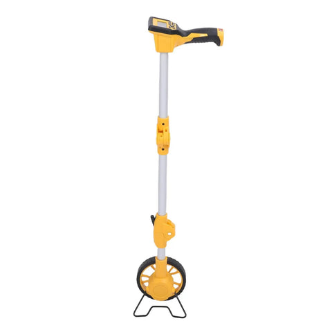Akozon Digital Display Measuring Wheel 93cm Length in an upright position, featuring a yellow and silver color scheme.