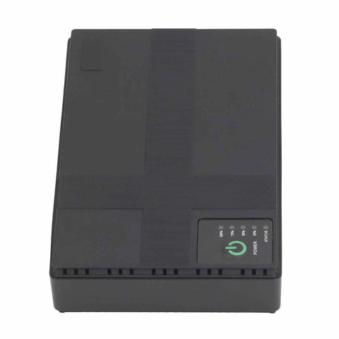 Mini Ups Battery Backup With 10400Mah keeps routers modems cameras running flawlessly during grid outages, black compact unit.