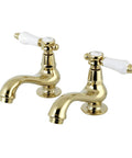 Polished Brass Basin Faucet With Lever Handle For Deck Mount Two Hole Install Solid Brass Bath Tap Drip Free Ceramic Disc Cartridge