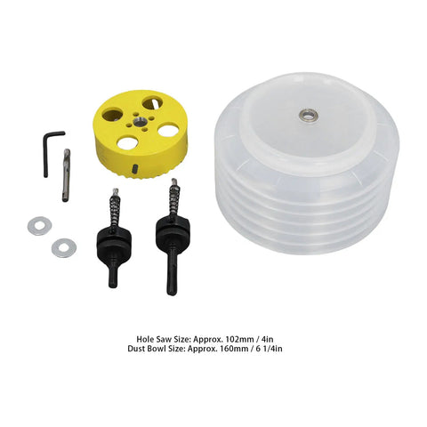 Grab This Awesome 4 Inch Wood Hole Saw Set That Cuts Smooth Through Plasterboard And Plastic Without Mess. kit with dust bowl and arbor