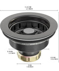 Matte Black Three And A Half Inch Kitchen Sink Drain Strainer Assembly In 304 Stainless Steel With Removable Basket Stopper Pop Up Drain Easy Install Fits Most Standard Three And A Half Inch American Sinks Not For Garbage Disposal close-up showing dimensions.