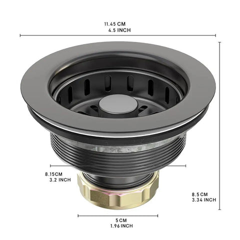 Matte Black Three And A Half Inch Kitchen Sink Drain Strainer Assembly In 304 Stainless Steel With Removable Basket Stopper Pop Up Drain Easy Install Fits Most Standard Three And A Half Inch American Sinks Not For Garbage Disposal close-up showing dimensions.