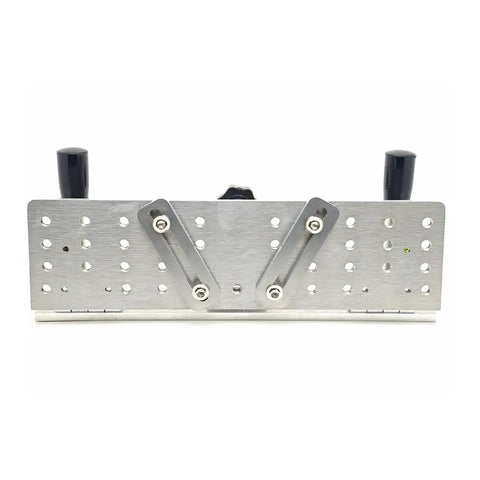 Precision Knife Grinding Jig With Slick Dial Adjustment And Tight Grip Handle For Belt Grinder Machine Or Belt Sander Rock Solid Aluminum front view with adjustable clamps.