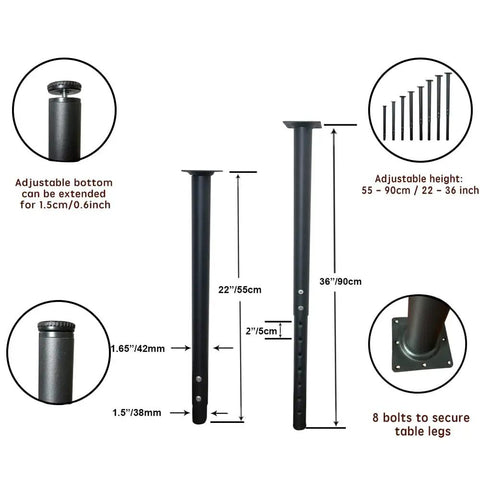 Diagram of Adjustable Table Legs 22 To 36 Inches Steel Black For Dining Desk Side And Coffee Tables Diameter 42 Or 38 Mm 4 Pack