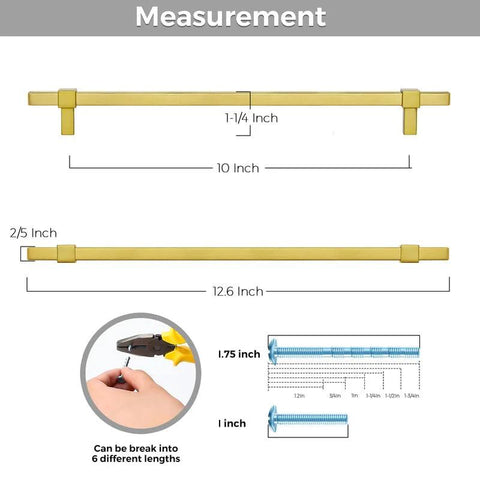 Measurement details of Gold Cabinet Handles Set 25 Pack 10 Inch Hole Center Stainless Steel Drawer Pulls shown with dimensions.