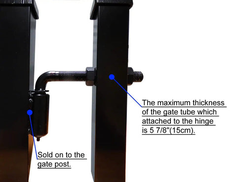 Built Like A Tank Universal Steel J Bolt Gate Hinge Smooth Swing Pivot with visible maximum gate tube thickness and mounting detail.