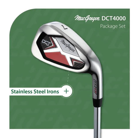 Close-up of DCT4000 16 Piece Golf Club Set With Bag For Right Hand Players stainless steel iron, club head visible.
