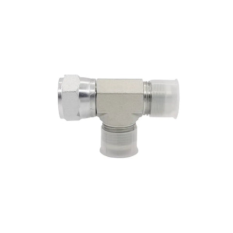 Two Pack Hydraulic Hose Adapter Fitting Set 3/8 Inch Male JIC 37 Degree Flare 9/16-18 UNF, 3/8 Inch Female JIC 37 Degree Swivel 9/16-18 UNF, 3/8 Inch Male JIC 37 Degree Flare Tee Joint Connector Carbon Steel, tee view