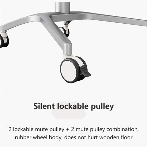 Game Changer Height Adjustable Standing Desk With Silky Gas Lift And Ultra Quiet Lockable Rubber Wheels showing silent lockable rubber wheels.