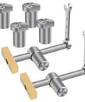 Slick Ace 3/4 Inch Bench Dog Clamps For Woodworking Crews With Rock Solid Stainless Steel Frame Brass Index Stops and Dual Ratchet Wrenches, showing clamps and brass stops.