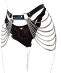 Edgy Layered Belly Chain Made From Distressed Leather And Antique Alloy Links A Universal Fit worn over black lingerie, showcasing chains.