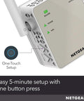 Close-up of WiFi Range Extender With AC1200 Dual Band showing one-touch setup button and LED indicators for easy setup with FastLane Technology.