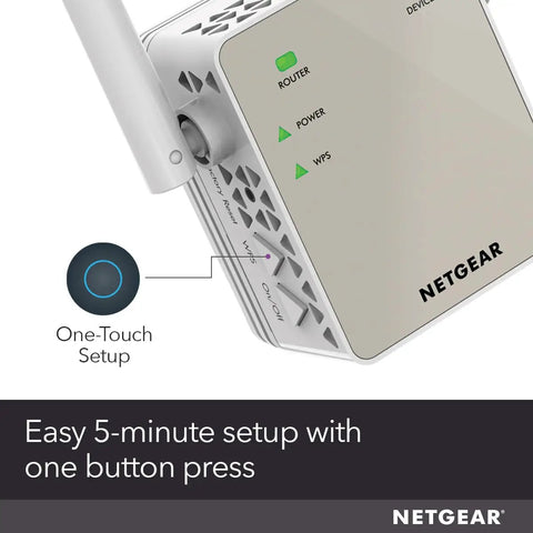 Close-up of WiFi Range Extender With AC1200 Dual Band showing one-touch setup button and LED indicators for easy setup with FastLane Technology.