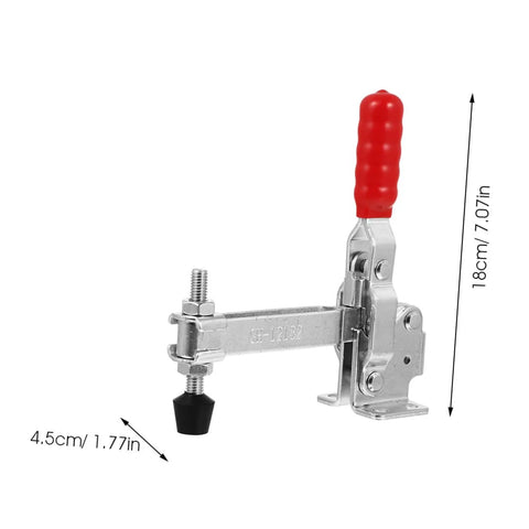 Heavy Duty Welding Toggle Clamps Set 2 Pack With Rubber Tip Guards Quick Release Fixed Clamps For Woodworking Jigs And Welding Fixtures Handheld Iron Tool Built Tough For Securing Large Workpieces, single clamp side view measuring 18cm height.