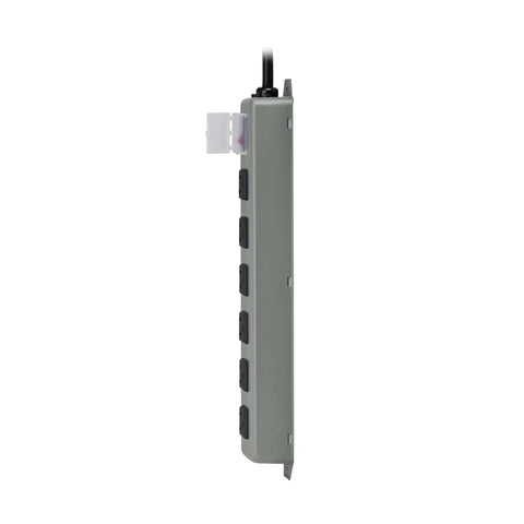 Side view of Heavy Duty Power Strip With 6 Right Angle Outlets In All Metal Housing Mountable On Wall Or Under Desk 15 Foot Extension Cord